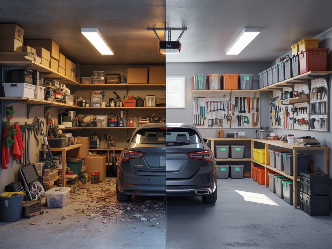Before and after transformation of a cluttered garage to organized zones